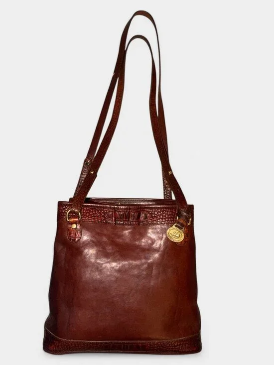 VTG Brahmin Tuscan Bucket Bag Chestnut Leather Croc Embossed Trim 90s USA Charm - Picture 5 of 12